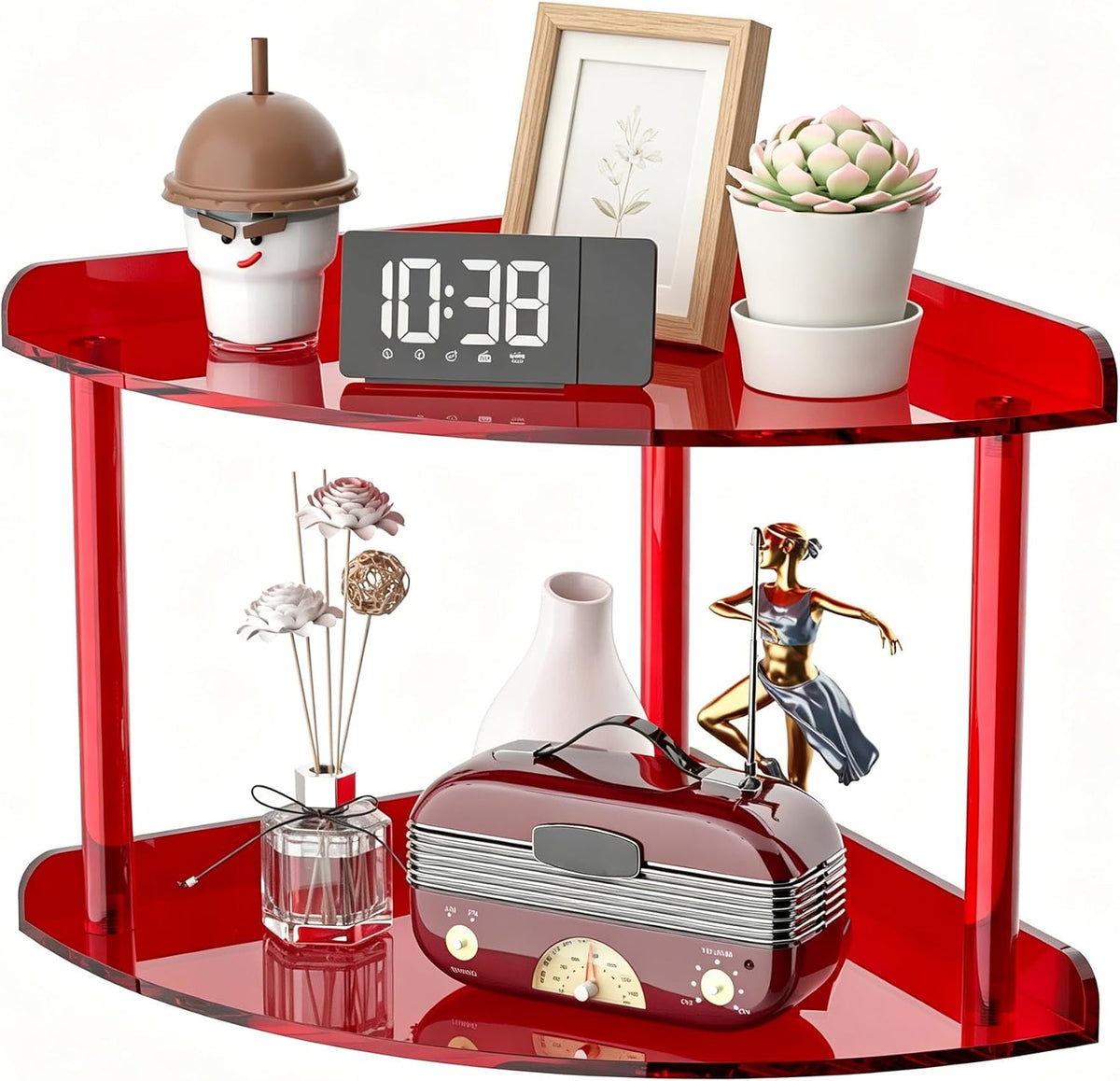2 Tier Acrylic Corner Shelf Organizer Storage 9.5x9.5x8 Inch, Red Countertop Corner Shelf for Bathroom, Kitchen, Bedroom, Office, Study Room