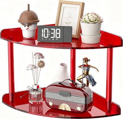 2 Tier Acrylic Corner Shelf Organizer Storage 9.5x9.5x8 Inch, Red Countertop Corner Shelf for Bathroom, Kitchen, Bedroom, Office, Study Room