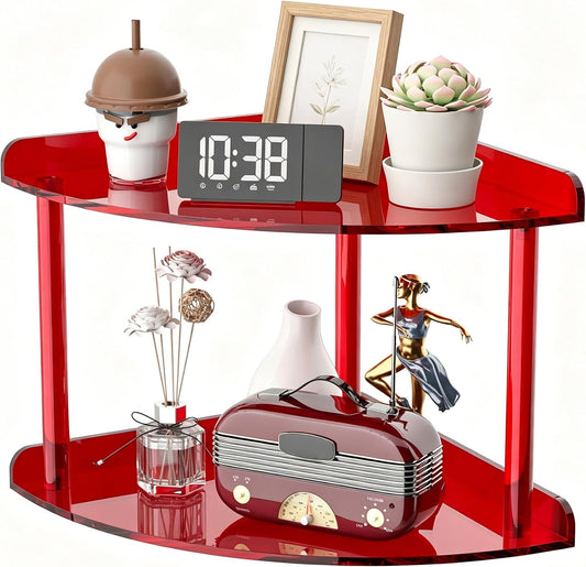 2 Tier Acrylic Corner Shelf Organizer Storage 9.5x9.5x8 Inch, Red Countertop Corner Shelf for Bathroom, Kitchen, Bedroom, Office, Study Room