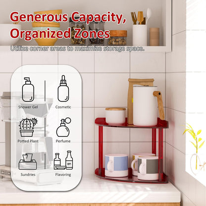 2 Tier Acrylic Corner Shelf Organizer Storage 9.5x9.5x8 Inch, Red Countertop Corner Shelf for Bathroom, Kitchen, Bedroom, Office, Study Room