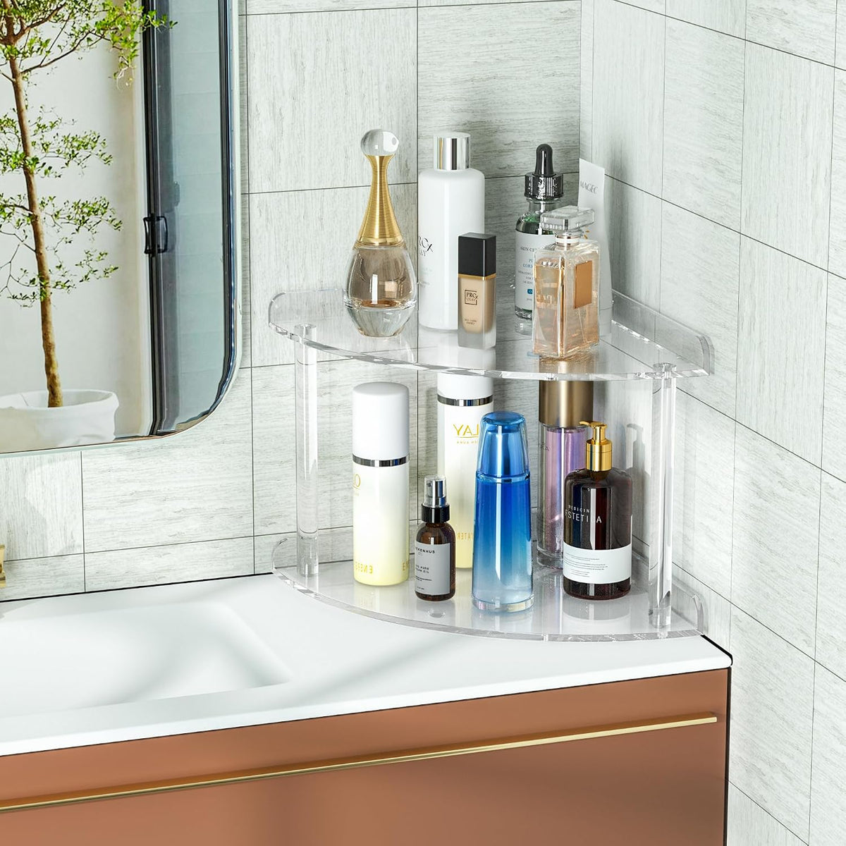 2 Tier Acrylic Corner Shelf Organizer Storage 9.5x9.5x8 Inch, Red Countertop Corner Shelf for Bathroom, Kitchen, Bedroom, Office, Study Room