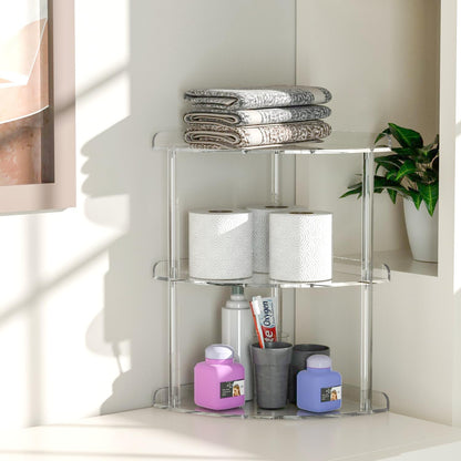2 Tier Acrylic Corner Shelf Organizer Storage 9.5x9.5x8 Inch, Red Countertop Corner Shelf for Bathroom, Kitchen, Bedroom, Office, Study Room