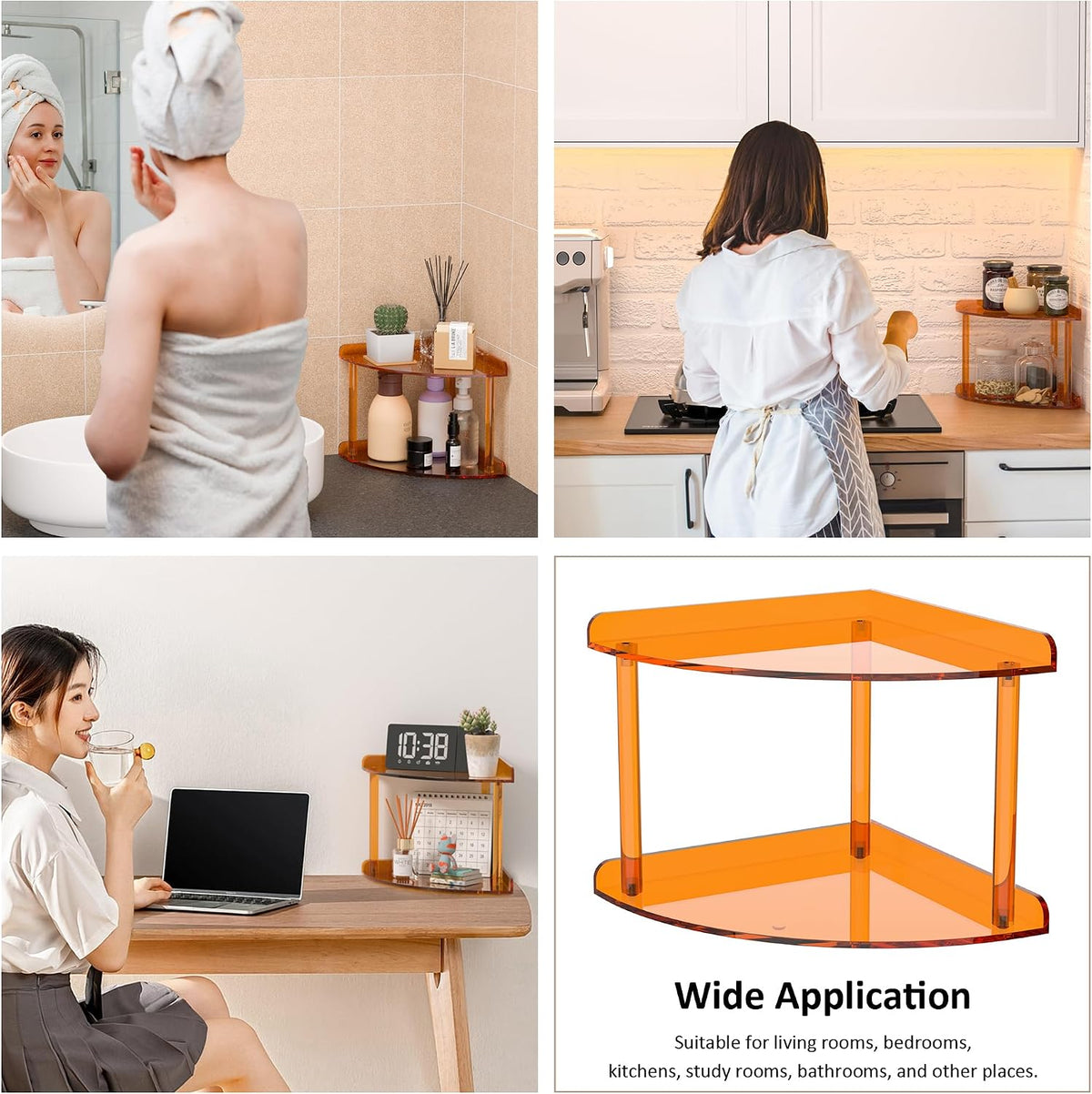 2 Tier Acrylic Corner Shelf Organizer Storage 9.5x9.5x8 Inch, Red Countertop Corner Shelf for Bathroom, Kitchen, Bedroom, Office, Study Room