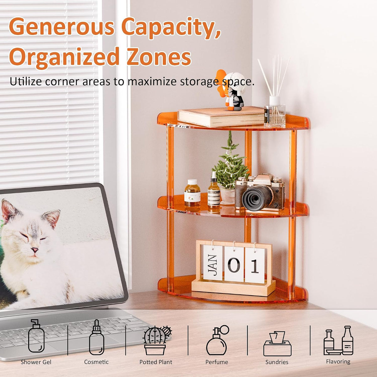 2 Tier Acrylic Corner Shelf Organizer Storage 9.5x9.5x8 Inch, Red Countertop Corner Shelf for Bathroom, Kitchen, Bedroom, Office, Study Room