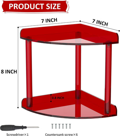 2 Tier Acrylic Corner Shelf Organizer Storage 9.5x9.5x8 Inch, Red Countertop Corner Shelf for Bathroom, Kitchen, Bedroom, Office, Study Room