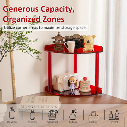2 Tier Acrylic Corner Shelf Organizer Storage 9.5x9.5x8 Inch, Red Countertop Corner Shelf for Bathroom, Kitchen, Bedroom, Office, Study Room