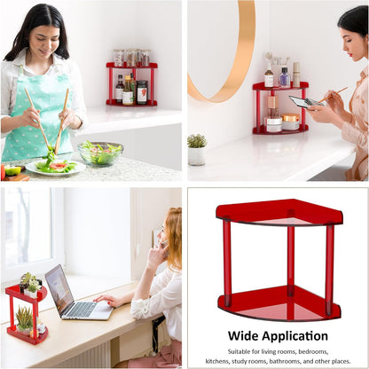 2 Tier Acrylic Corner Shelf Organizer Storage 9.5x9.5x8 Inch, Red Countertop Corner Shelf for Bathroom, Kitchen, Bedroom, Office, Study Room