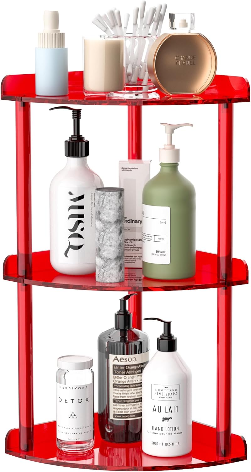 2 Tier Acrylic Corner Shelf Organizer Storage 9.5x9.5x8 Inch, Red Countertop Corner Shelf for Bathroom, Kitchen, Bedroom, Office, Study Room