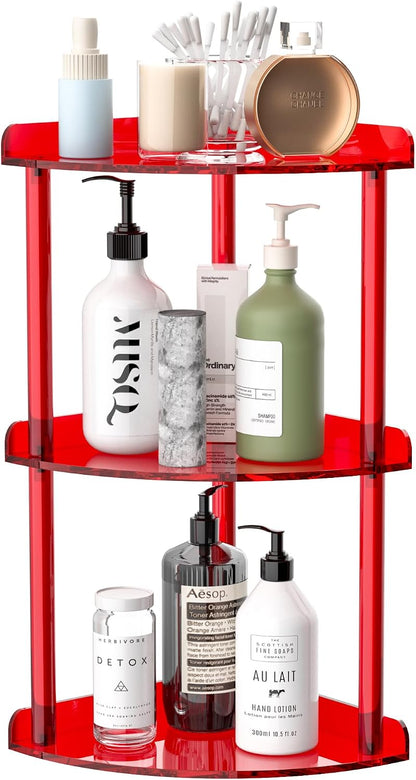 2 Tier Acrylic Corner Shelf Organizer Storage 9.5x9.5x8 Inch, Red Countertop Corner Shelf for Bathroom, Kitchen, Bedroom, Office, Study Room