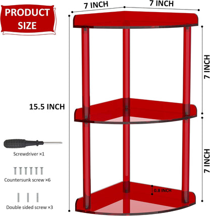 2 Tier Acrylic Corner Shelf Organizer Storage 9.5x9.5x8 Inch, Red Countertop Corner Shelf for Bathroom, Kitchen, Bedroom, Office, Study Room