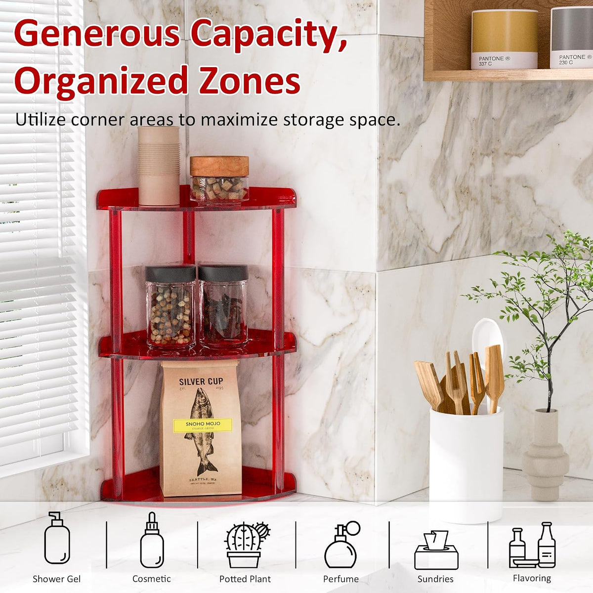2 Tier Acrylic Corner Shelf Organizer Storage 9.5x9.5x8 Inch, Red Countertop Corner Shelf for Bathroom, Kitchen, Bedroom, Office, Study Room