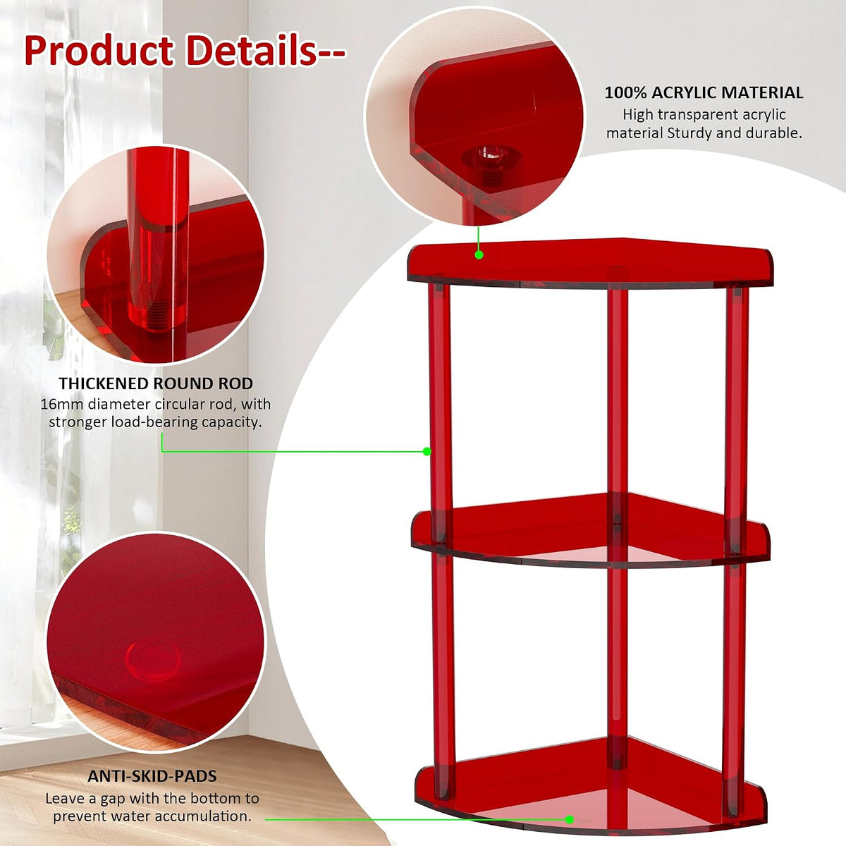 2 Tier Acrylic Corner Shelf Organizer Storage 9.5x9.5x8 Inch, Red Countertop Corner Shelf for Bathroom, Kitchen, Bedroom, Office, Study Room