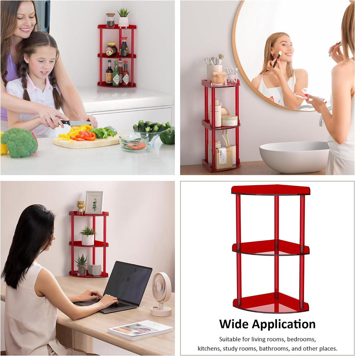 2 Tier Acrylic Corner Shelf Organizer Storage 9.5x9.5x8 Inch, Red Countertop Corner Shelf for Bathroom, Kitchen, Bedroom, Office, Study Room