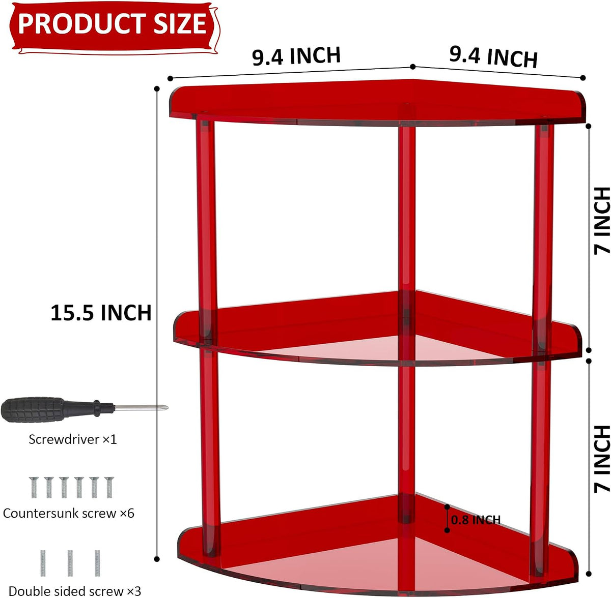 2 Tier Acrylic Corner Shelf Organizer Storage 9.5x9.5x8 Inch, Red Countertop Corner Shelf for Bathroom, Kitchen, Bedroom, Office, Study Room
