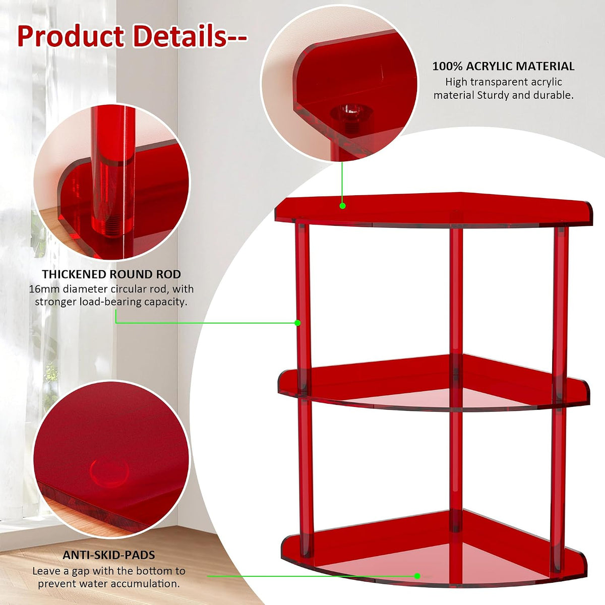 2 Tier Acrylic Corner Shelf Organizer Storage 9.5x9.5x8 Inch, Red Countertop Corner Shelf for Bathroom, Kitchen, Bedroom, Office, Study Room