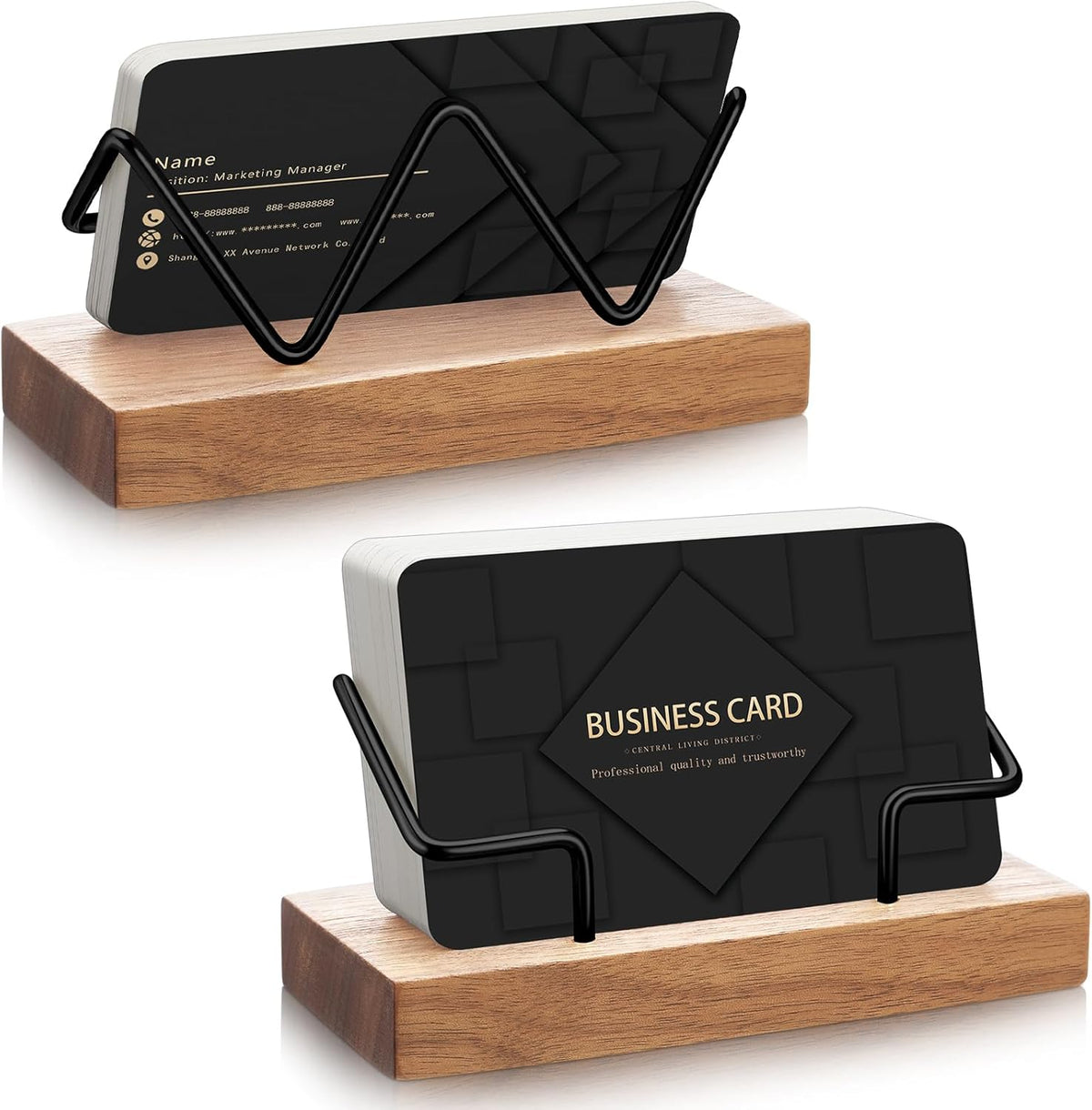 2 Pieces Wood Business Card Holder for Desk,Light Wood Color, Black