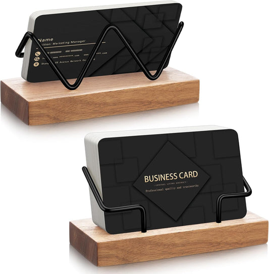 2 Pieces Wood Business Card Holder for Desk,Light Wood Color, Black