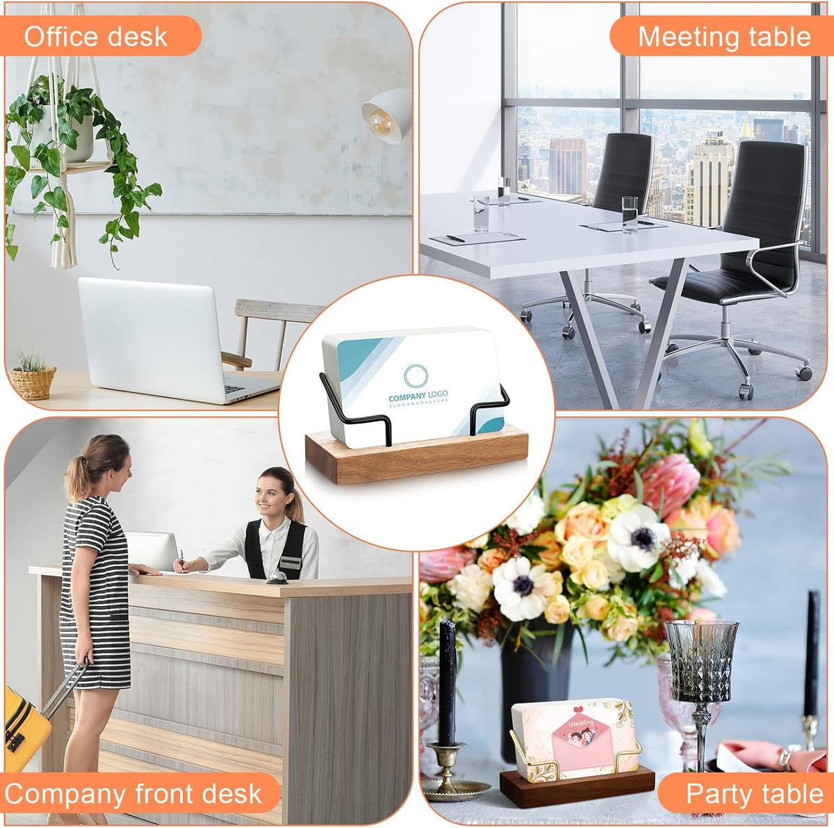 2 Pieces Wood Business Card Holder for Desk,Light Wood Color, Black