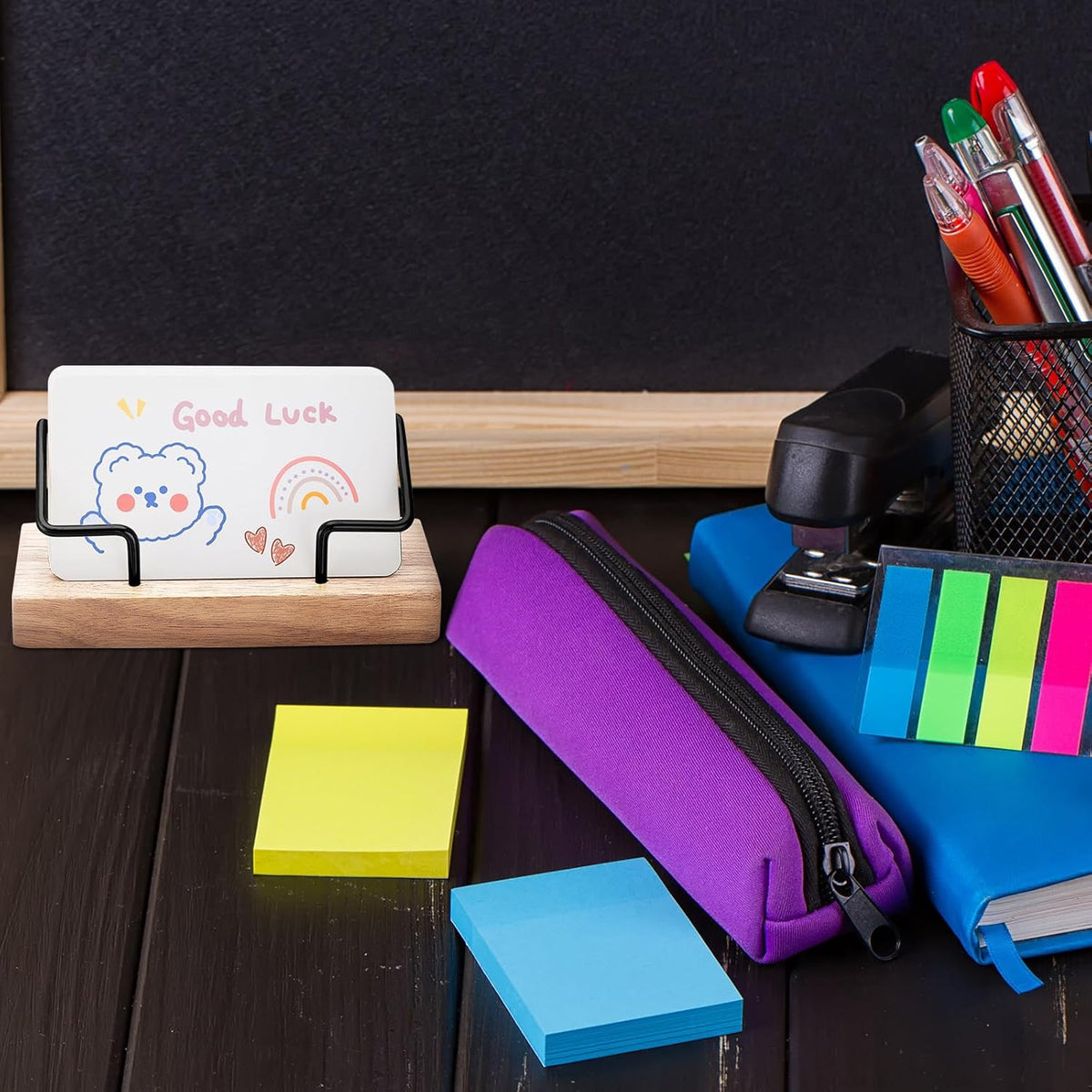 2 Pieces Wood Business Card Holder for Desk,Light Wood Color, Black