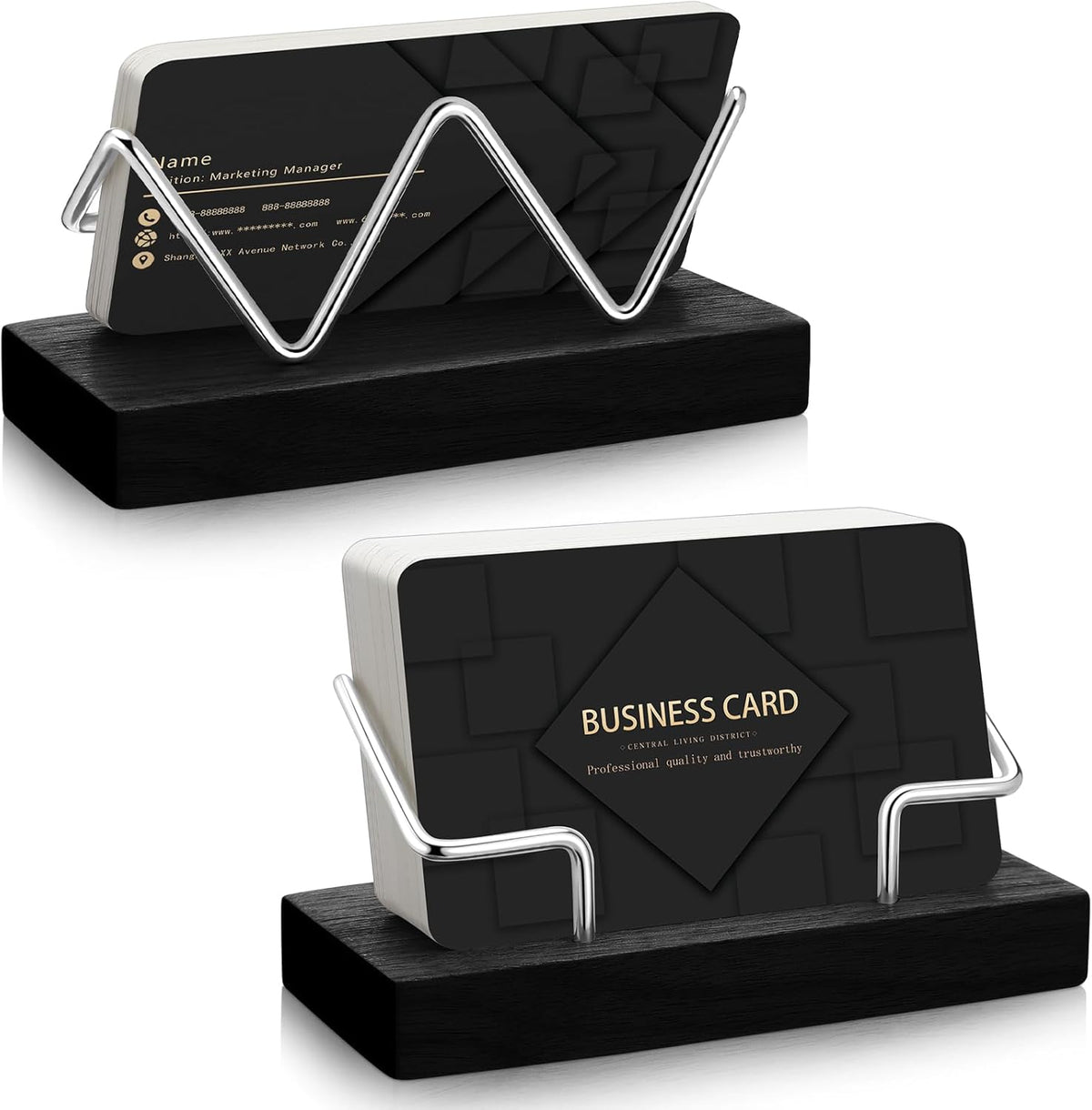 2 Pieces Wood Business Card Holder for Desk,Light Wood Color, Black