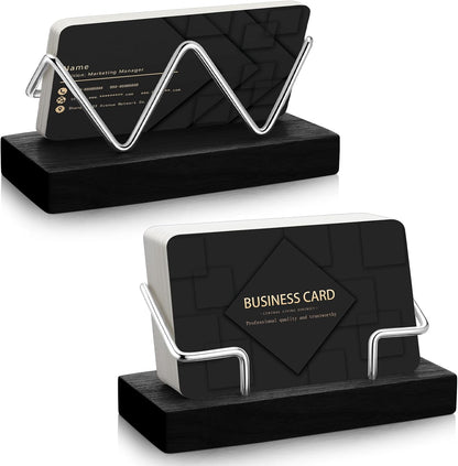 2 Pieces Wood Business Card Holder for Desk,Light Wood Color, Black
