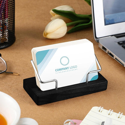 2 Pieces Wood Business Card Holder for Desk,Light Wood Color, Black