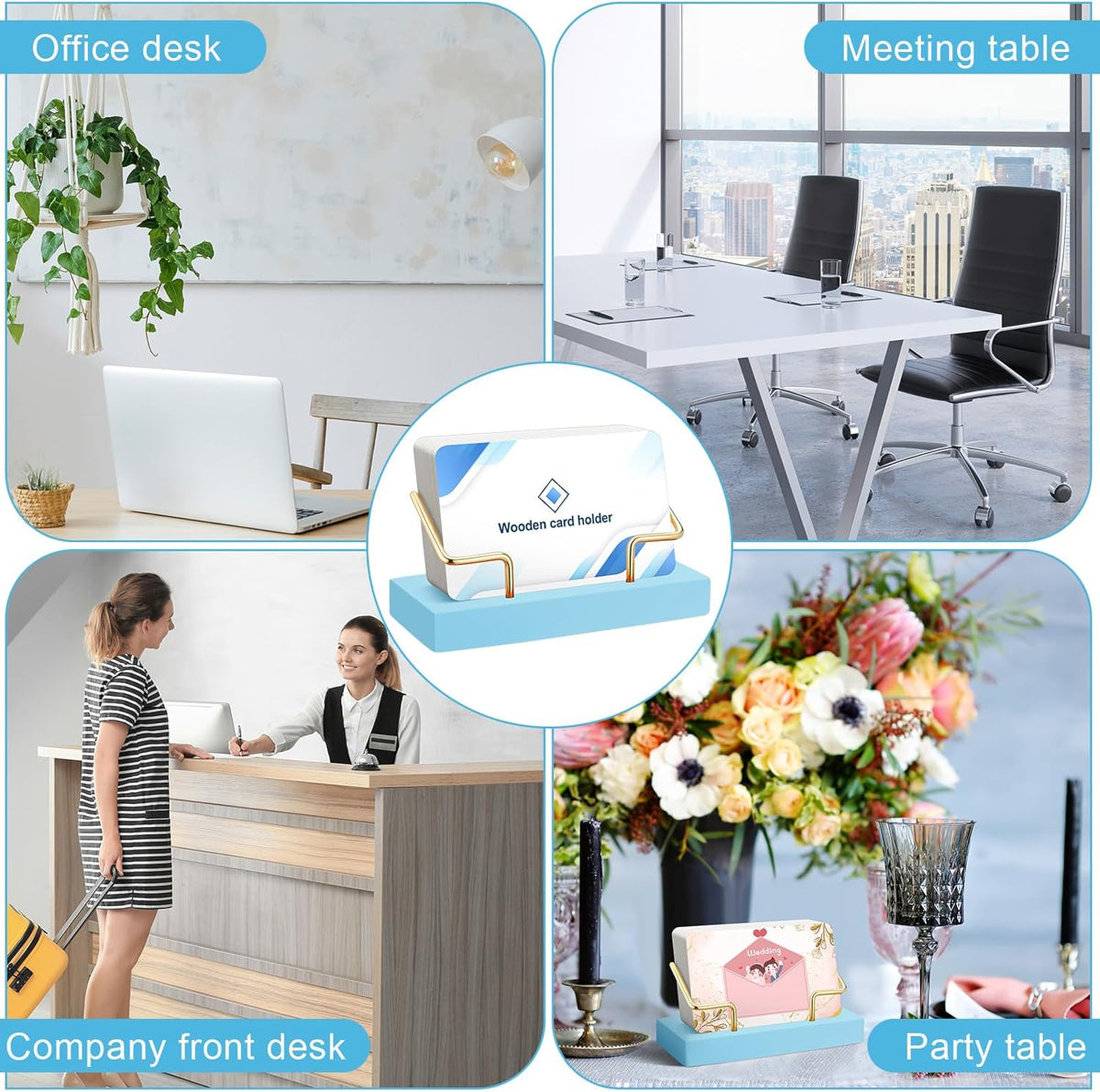 2 Pieces Wood Business Card Holder for Desk,Light Wood Color, Black