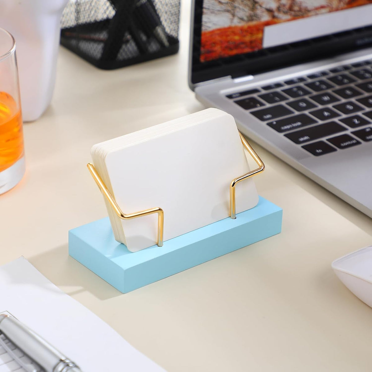 2 Pieces Wood Business Card Holder for Desk,Light Wood Color, Black