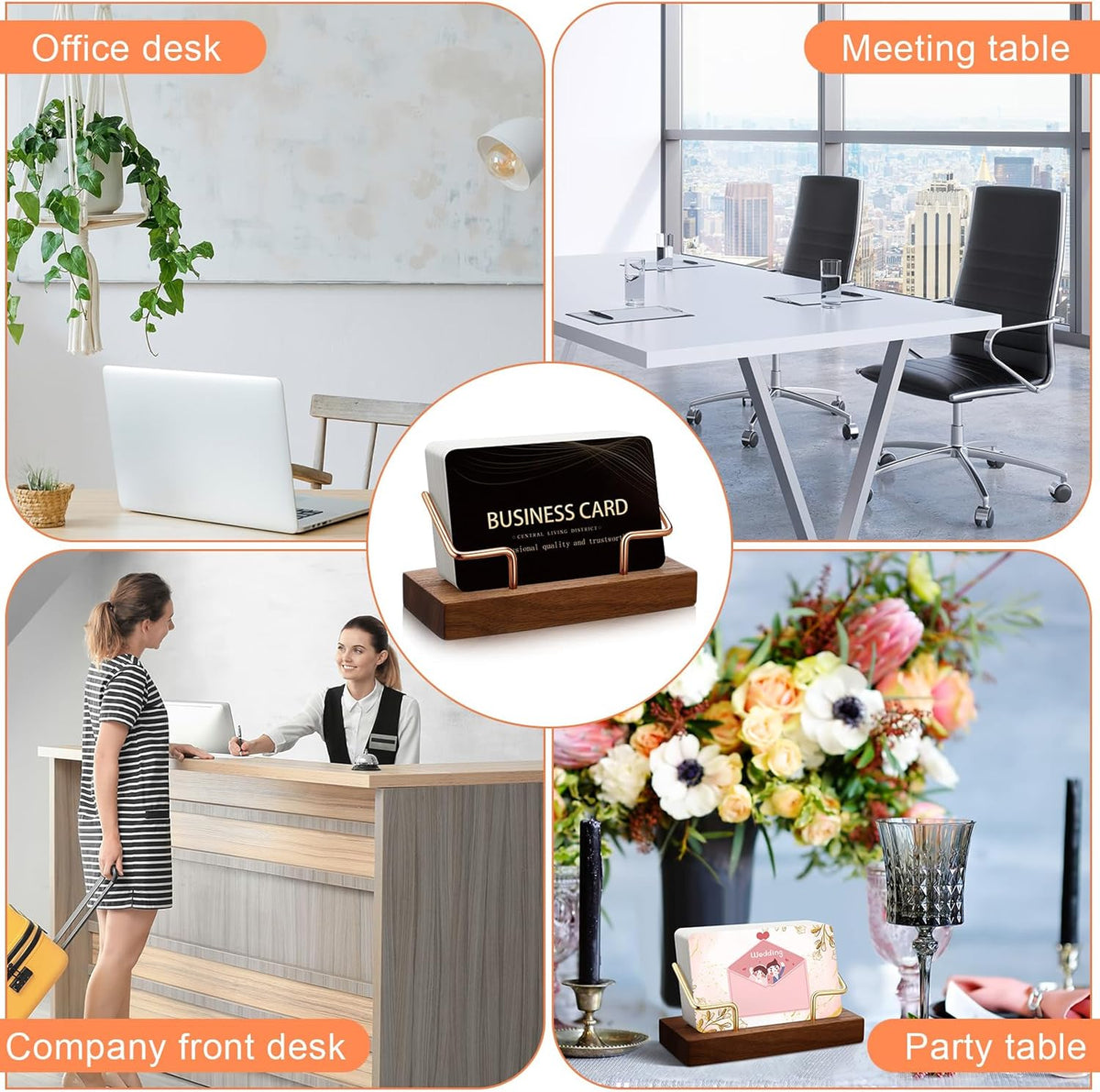 2 Pieces Wood Business Card Holder for Desk,Light Wood Color, Black