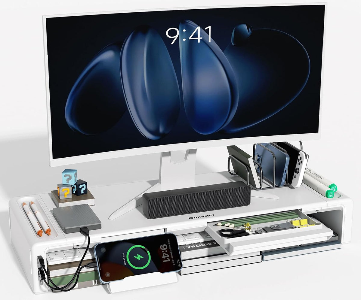 Adjustable Monitor Riser with Drawer & Phone Holder, Foldable Desk Stand