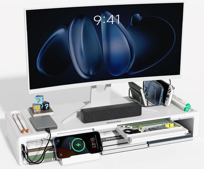 Adjustable Monitor Riser with Drawer & Phone Holder, Foldable Desk Stand