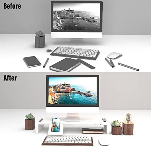 Adjustable Monitor Riser with Drawer & Phone Holder, Foldable Desk Stand