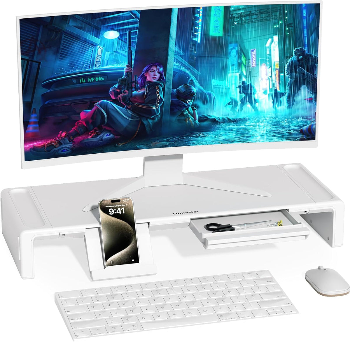 Adjustable Monitor Riser with Drawer & Phone Holder, Foldable Desk Stand
