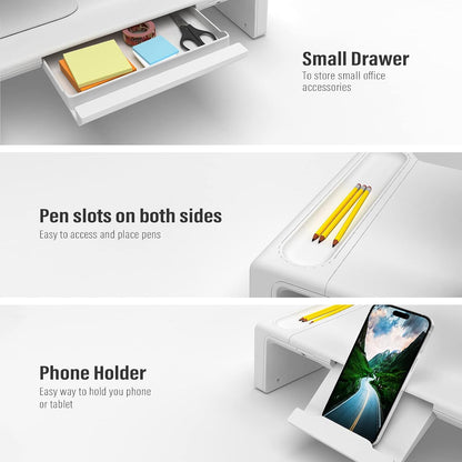 Adjustable Monitor Riser with Drawer & Phone Holder, Foldable Desk Stand