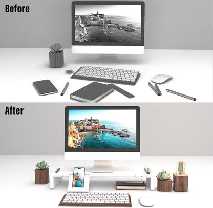 Adjustable Monitor Riser with Drawer & Phone Holder, Foldable Desk Stand