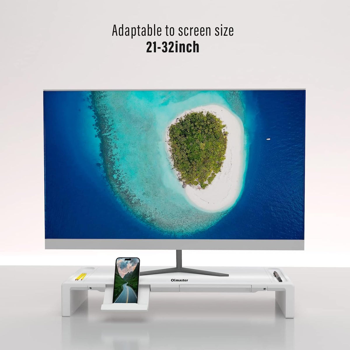 Adjustable Monitor Riser with Drawer & Phone Holder, Foldable Desk Stand