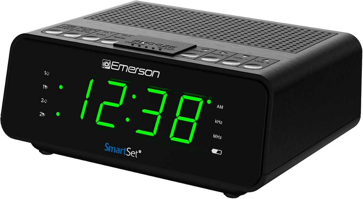 SmartSet Dual Alarm Clock Radio with AM/FM, Auto Time Setting, Sleep Timer, Snooze, 20 Presets, Easy-to-Read .9-inch Jade Green Dimmable LED Display, CKS1900