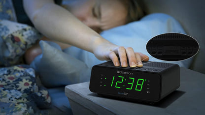 SmartSet Dual Alarm Clock Radio with AM/FM, Auto Time Setting, Sleep Timer, Snooze, 20 Presets, Easy-to-Read .9-inch Jade Green Dimmable LED Display, CKS1900