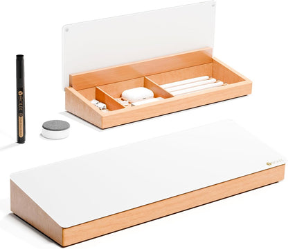 Glass Desktop Whiteboard with Wood Organizer for Small Office Accessories, Aesthetic Desk Dry Erase White Board with Drawer for Home Office Cubicle, Marker & Eraser Included