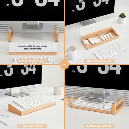 Glass Desktop Whiteboard with Wood Organizer for Small Office Accessories, Aesthetic Desk Dry Erase White Board with Drawer for Home Office Cubicle, Marker & Eraser Included