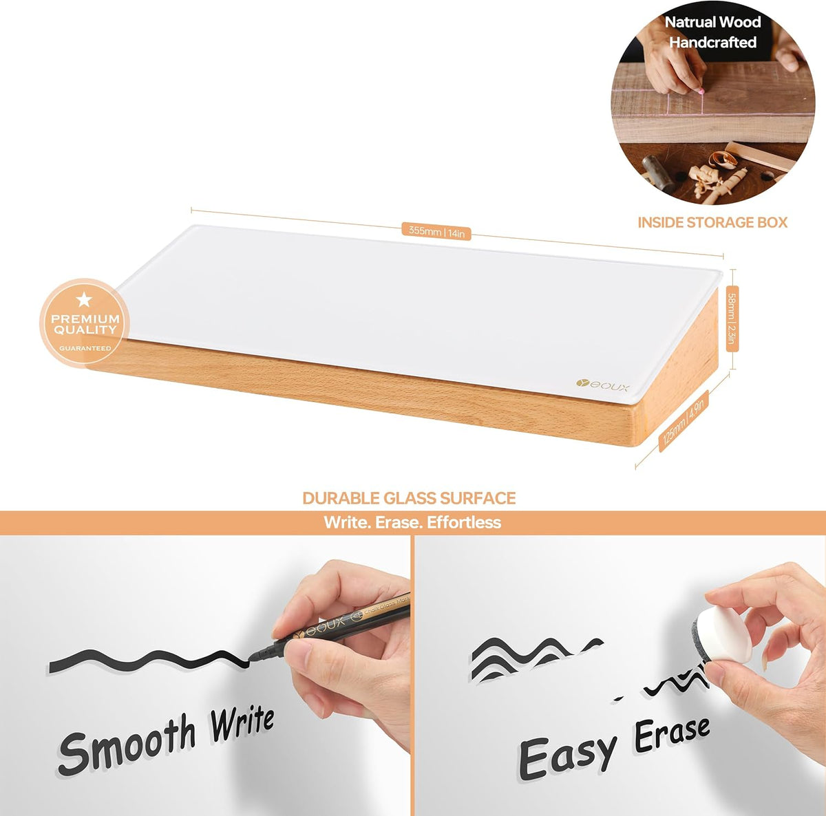 Glass Desktop Whiteboard with Wood Organizer for Small Office Accessories, Aesthetic Desk Dry Erase White Board with Drawer for Home Office Cubicle, Marker & Eraser Included
