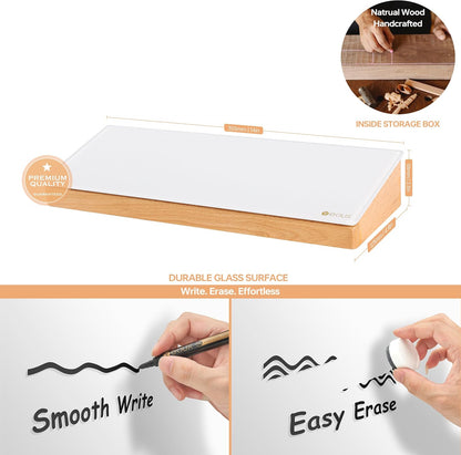 Glass Desktop Whiteboard with Wood Organizer for Small Office Accessories, Aesthetic Desk Dry Erase White Board with Drawer for Home Office Cubicle, Marker & Eraser Included