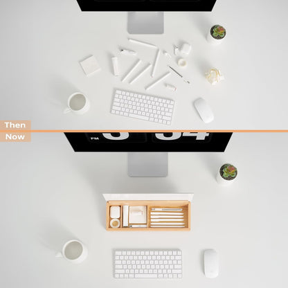 Glass Desktop Whiteboard with Wood Organizer for Small Office Accessories, Aesthetic Desk Dry Erase White Board with Drawer for Home Office Cubicle, Marker & Eraser Included