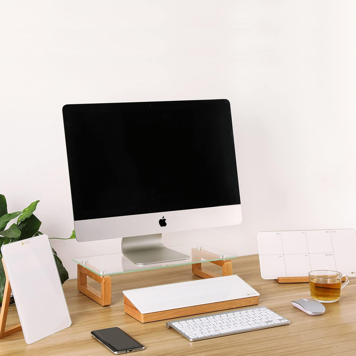 Glass Desktop Whiteboard with Wood Organizer for Small Office Accessories, Aesthetic Desk Dry Erase White Board with Drawer for Home Office Cubicle, Marker & Eraser Included