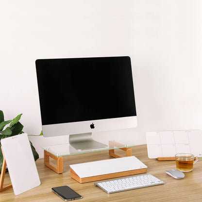 Glass Desktop Whiteboard with Wood Organizer for Small Office Accessories, Aesthetic Desk Dry Erase White Board with Drawer for Home Office Cubicle, Marker & Eraser Included