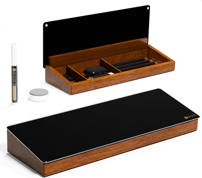 Glass Desktop Whiteboard with Wood Organizer for Small Office Accessories, Aesthetic Desk Dry Erase White Board with Drawer for Home Office Cubicle, Marker & Eraser Included