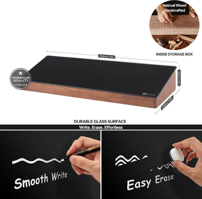 Glass Desktop Whiteboard with Wood Organizer for Small Office Accessories, Aesthetic Desk Dry Erase White Board with Drawer for Home Office Cubicle, Marker & Eraser Included