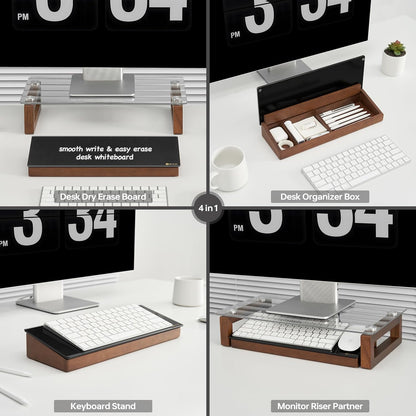 Glass Desktop Whiteboard with Wood Organizer for Small Office Accessories, Aesthetic Desk Dry Erase White Board with Drawer for Home Office Cubicle, Marker & Eraser Included