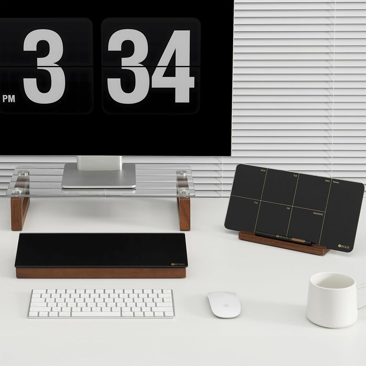 Glass Desktop Whiteboard with Wood Organizer for Small Office Accessories, Aesthetic Desk Dry Erase White Board with Drawer for Home Office Cubicle, Marker & Eraser Included