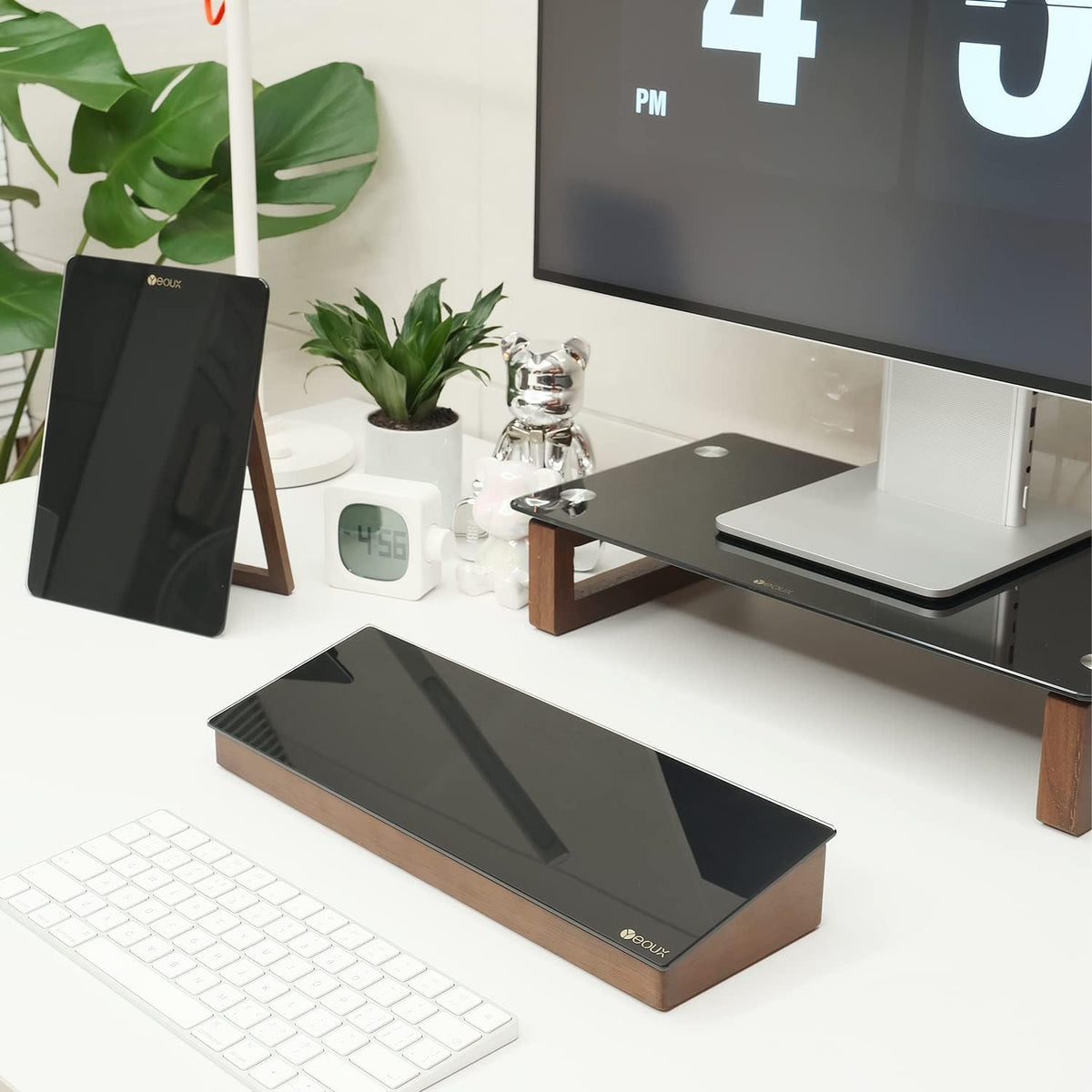 Glass Desktop Whiteboard with Wood Organizer for Small Office Accessories, Aesthetic Desk Dry Erase White Board with Drawer for Home Office Cubicle, Marker & Eraser Included